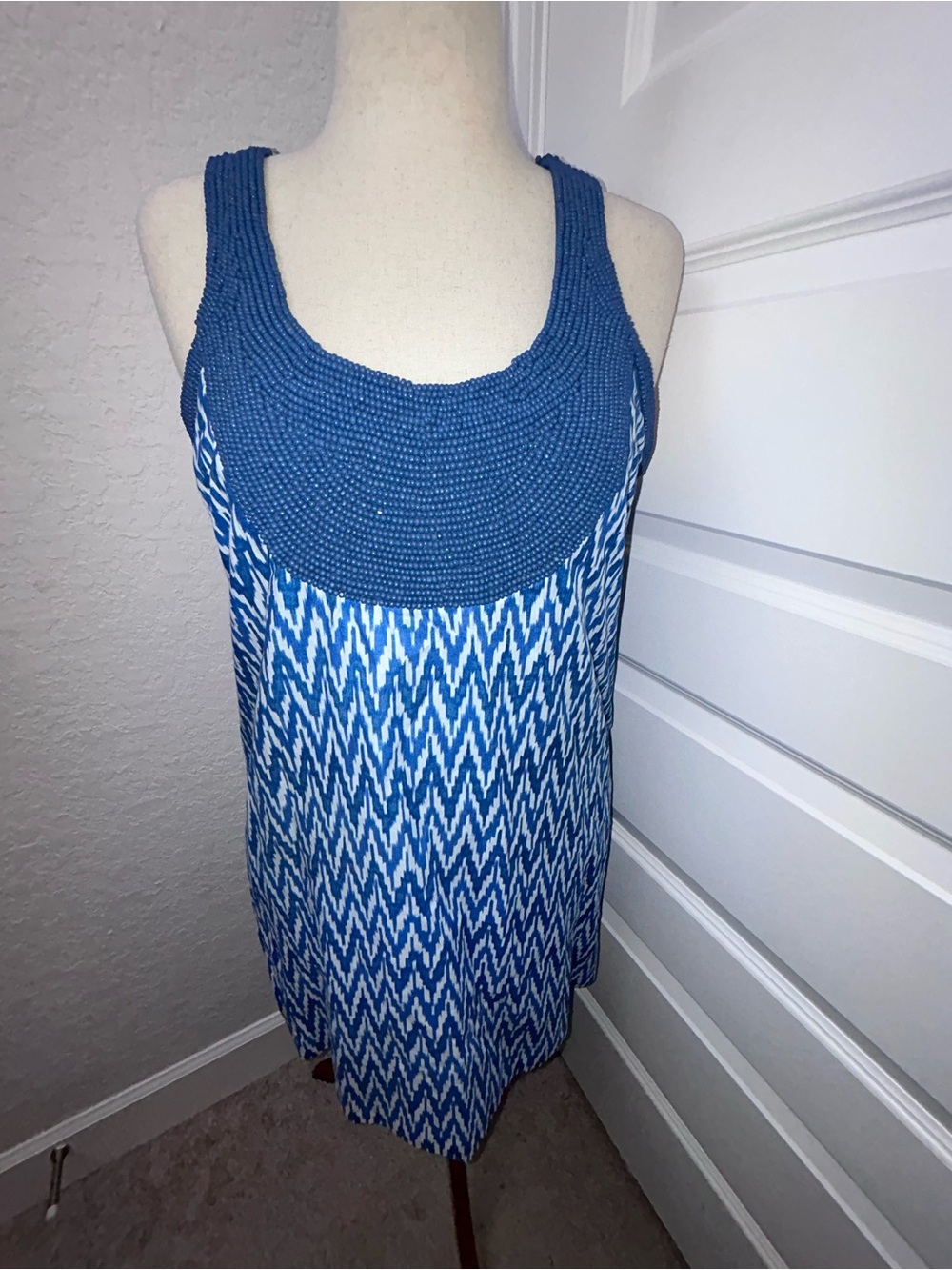 Gretchen Scott Designs Beaded Bib Racerback Chevron 100% Cotton Shift Dress